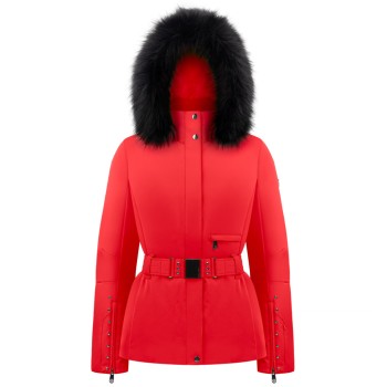 Womens stretch ski jacket scarlet red with fake fur