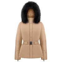 Womens stretch ski jacket almond brown with fake fur